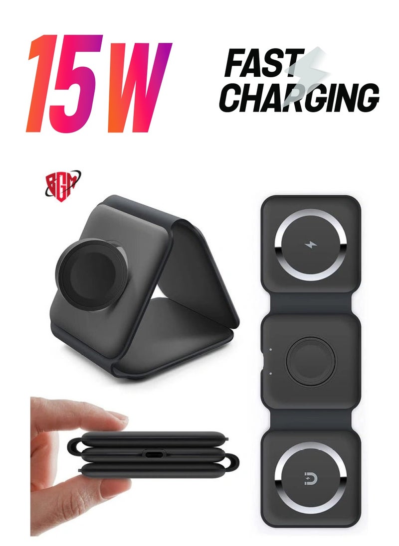 BGM - 3-in-1 Foldable Magnetic Wireless Charger 15W Mag-Safe Charging Station for iPhone, Apple Watch, and AirPods (Black) - Image 1