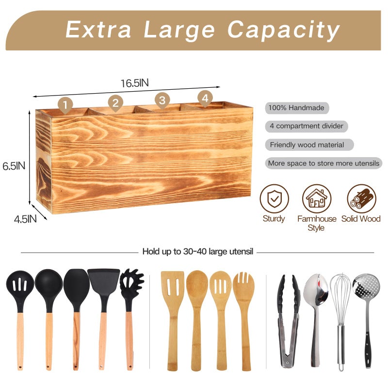 SLNIHAMS Extra Large Kitchen Utensil Holder, 4 Compartments Wooden Cooking Utensil Holders for Kitchen Counter, Farmhouse Kitchen Utensil Crock Organizer for Countertop and Rustic Cooking Tools Storage - Image 3