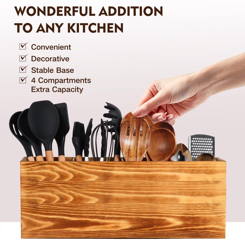 SLNIHAMS Extra Large Kitchen Utensil Holder, 4 Compartments Wooden Cooking Utensil Holders for Kitchen Counter, Farmhouse Kitchen Utensil Crock Organizer for Countertop and Rustic Cooking Tools Storage - Image 4