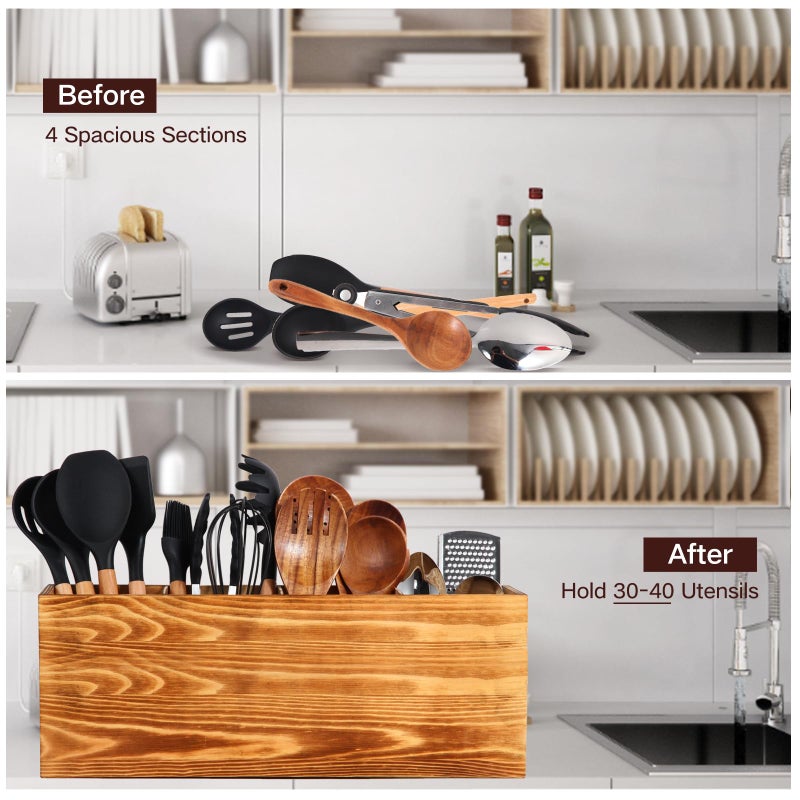 SLNIHAMS Extra Large Kitchen Utensil Holder, 4 Compartments Wooden Cooking Utensil Holders for Kitchen Counter, Farmhouse Kitchen Utensil Crock Organizer for Countertop and Rustic Cooking Tools Storage - Image 5