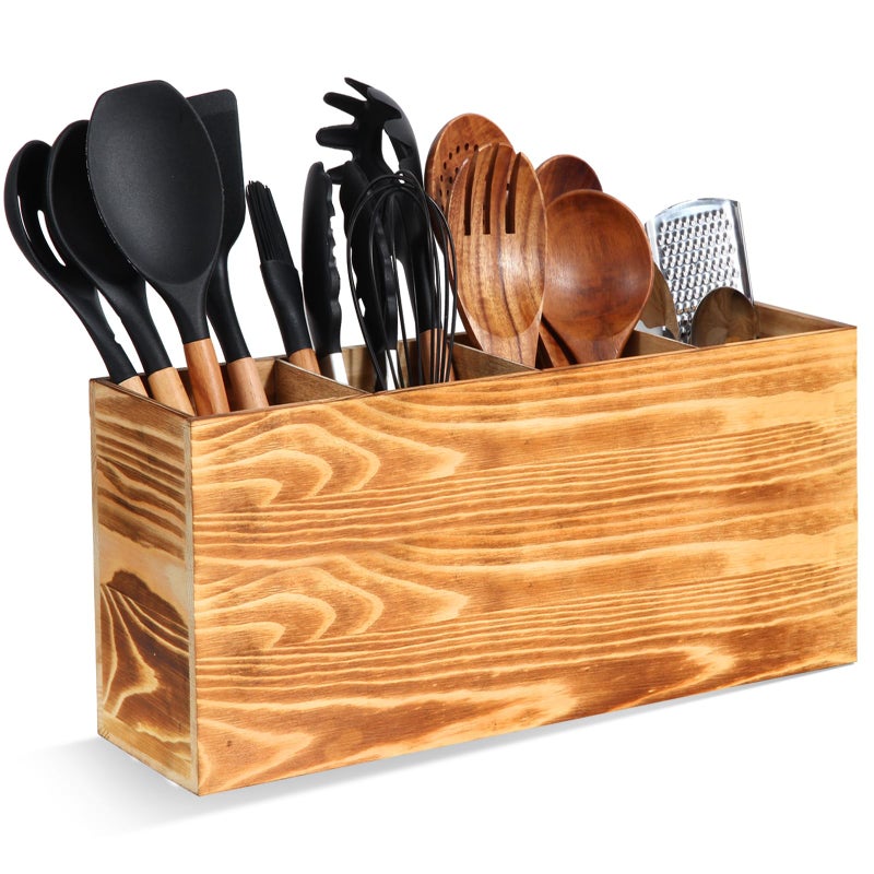 SLNIHAMS Extra Large Kitchen Utensil Holder, 4 Compartments Wooden Cooking Utensil Holders for Kitchen Counter, Farmhouse Kitchen Utensil Crock Organizer for Countertop and Rustic Cooking Tools Storage - Image 1