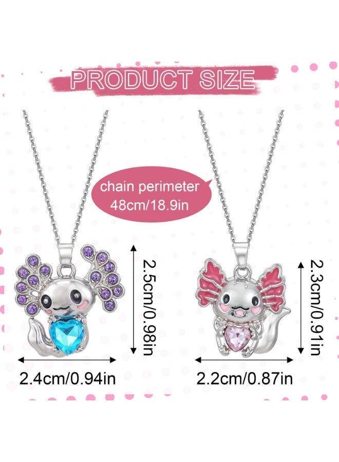 PAWSONIFY 2Pcs Cute Axolotl Necklace Metal Axolotl Crystal Pendant Necklaces Unisex Rhinestone Necklace Charm Good Lluck Jewelry (Blue Pink) - Image 2