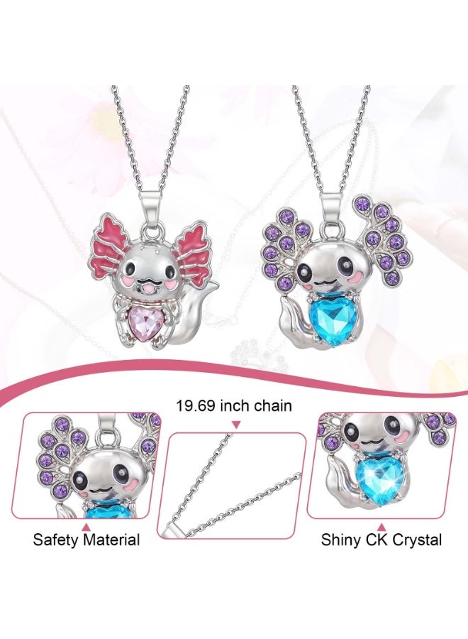 PAWSONIFY 2Pcs Cute Axolotl Necklace Metal Axolotl Crystal Pendant Necklaces Unisex Rhinestone Necklace Charm Good Lluck Jewelry (Blue Pink) - Image 3