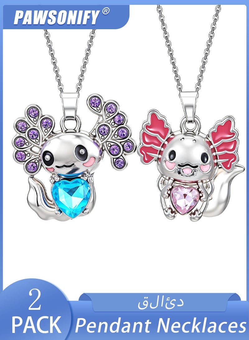 PAWSONIFY 2Pcs Cute Axolotl Necklace Metal Axolotl Crystal Pendant Necklaces Unisex Rhinestone Necklace Charm Good Lluck Jewelry (Blue Pink) - Image 1