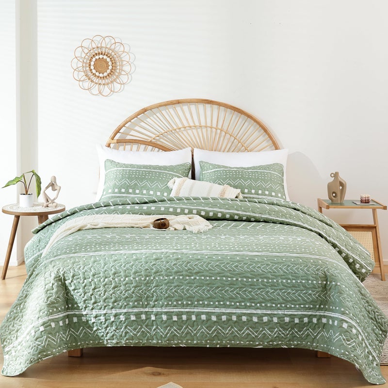 JANZAA JANZAA Quilt Set Twin Quilt Set Boho Quilt Sets Bedding Bedspread Twin 2 PieceSage Green Lightweight Coverlet with Pillow Case Geometric Reversible Coverlet Bedding Set for All Season 