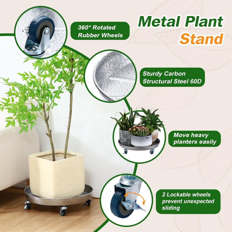 Planterhoma 3 Packs 18 Inch Metal Plant Caddy with Wheels Extra-Large Rolling Plant Stand Heavy-Duty Iron Plant Dolly Casters for Indoor Outdoor Flower Pot Mover Roller Coasters, Silver-Black - Image 2