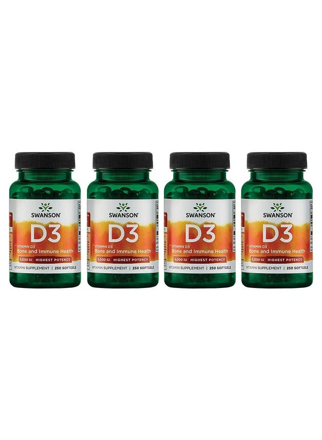 SWANSON سوانسون فيتامين د3 - مكمل فيتامين يعزز صحة العظام ودعم جهاز المناعة - دعم طبيعي لتوزيع الكالسيوم وامتصاصه - (250 كبسولة لينة) (4 عبوات) - Image 1