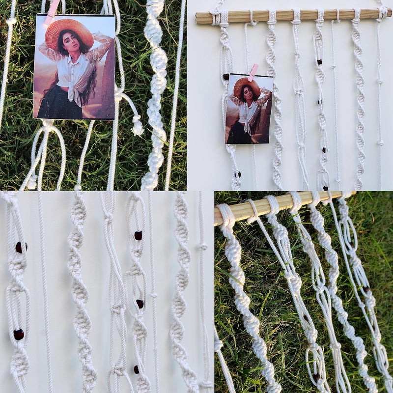 Decorcreed White Jute Rope Macrame With Colourfull Wooden Clips and Beads Wall Dcor Photo Organizer Wall Hanging - Image 2