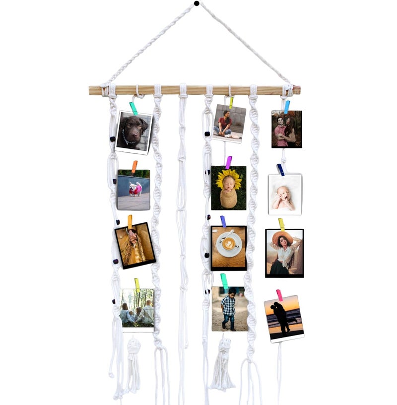 Decorcreed White Jute Rope Macrame With Colourfull Wooden Clips and Beads Wall Dcor Photo Organizer Wall Hanging - Image 1