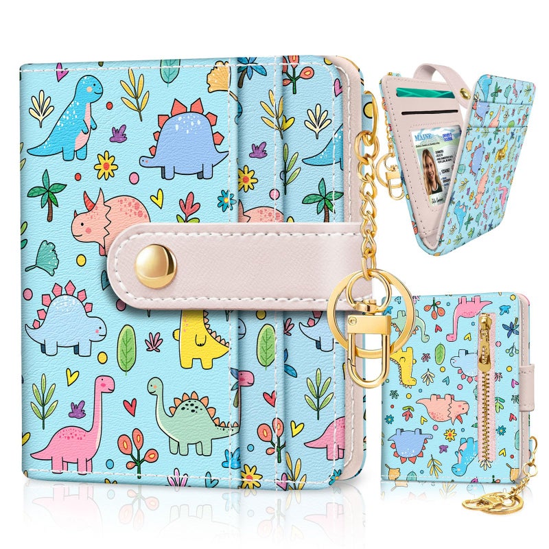 Jogjam Cute Dinosaur Rfid Girls Girly Teen Wallet, Small Slim Thin Compact Travel Credit Card Women Wallet, PU Leather Bifold Cash Zipper Coin Pocket ID Window for Female Ladies Gifts - Image 1