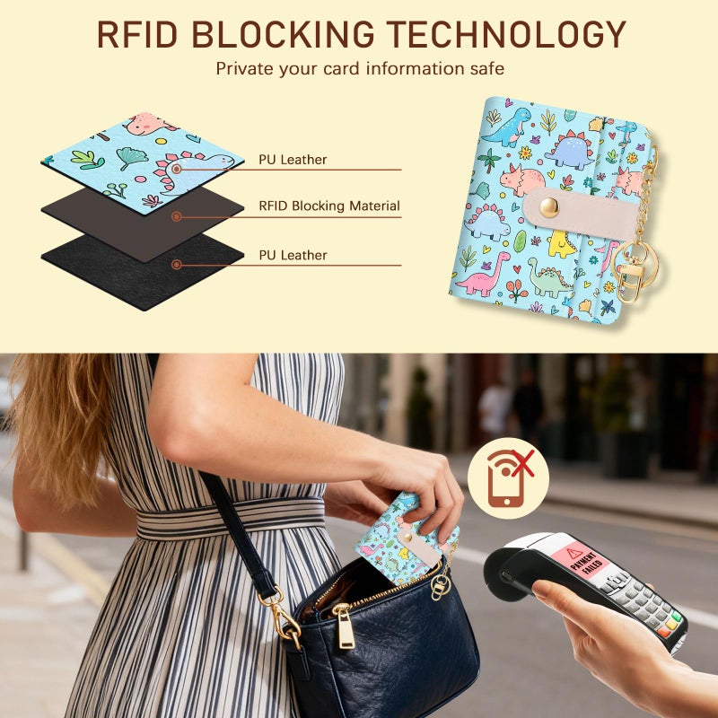 Jogjam Cute Dinosaur Rfid Girls Girly Teen Wallet, Small Slim Thin Compact Travel Credit Card Women Wallet, PU Leather Bifold Cash Zipper Coin Pocket ID Window for Female Ladies Gifts - Image 3