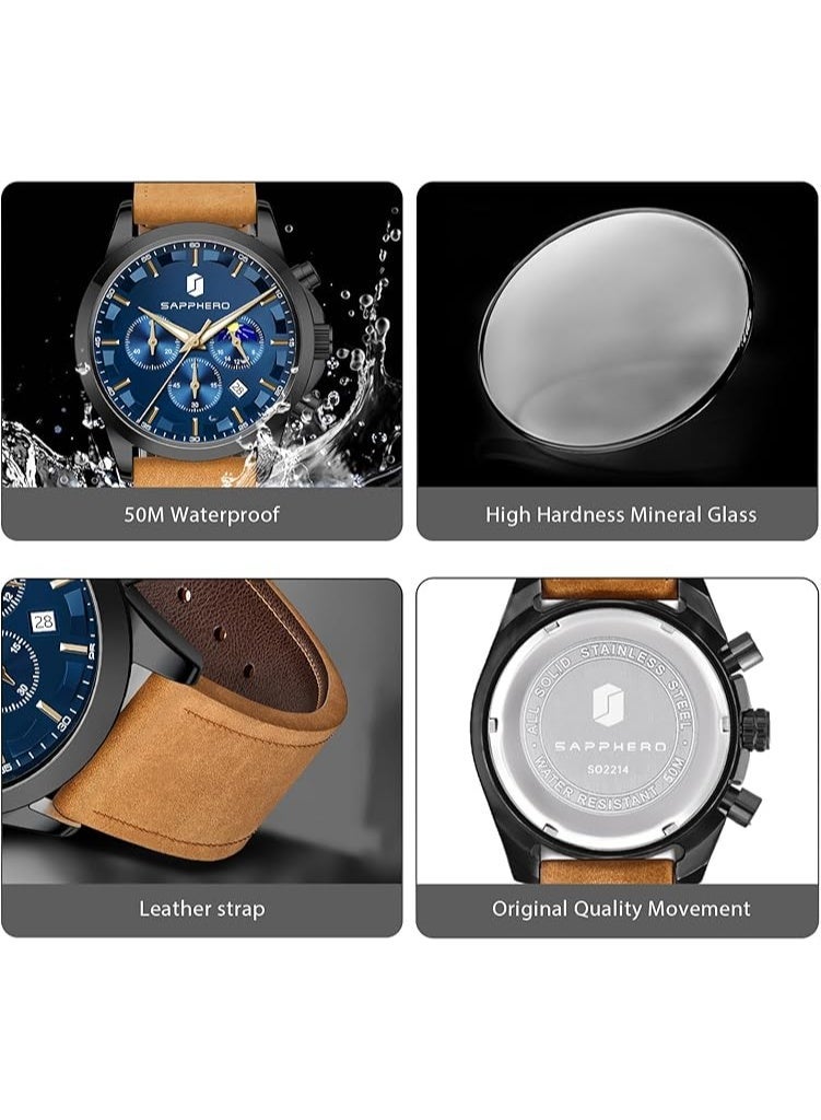 Sapphero Mens Watches Multifunction Chronograph Date Quartz Watch for Men Brown Leather Band Analog Wrist Watch Gift for Men Casual Business - Image 4