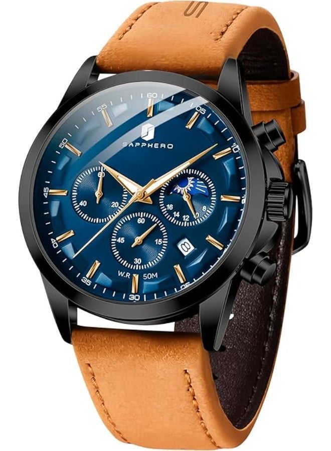 Sapphero Mens Watches Multifunction Chronograph Date Quartz Watch for Men Brown Leather Band Analog Wrist Watch Gift for Men Casual Business - Image 1