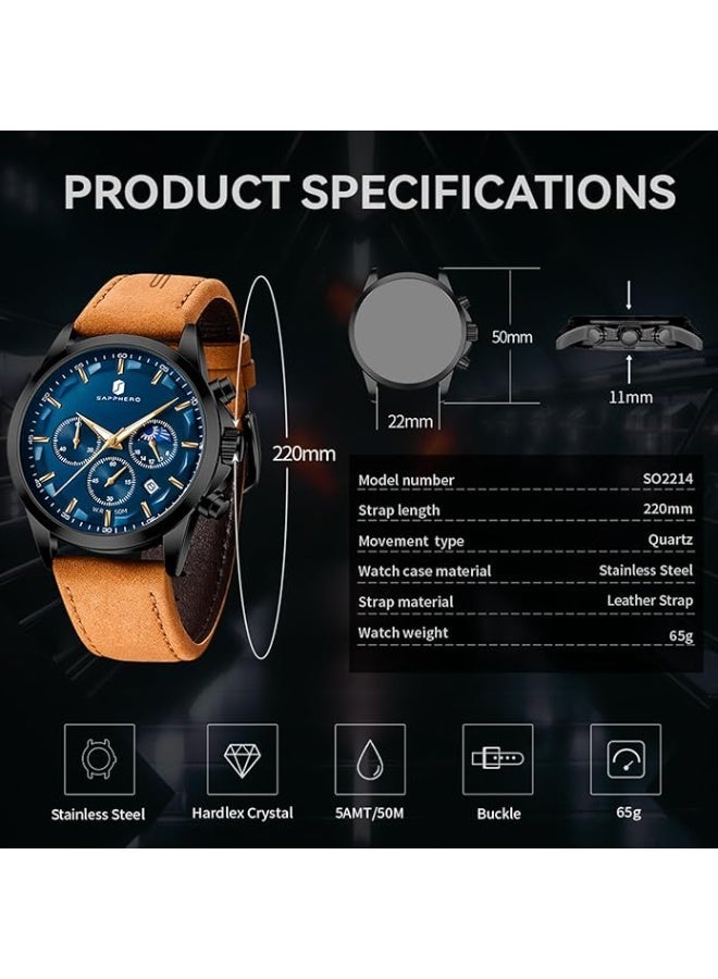 Sapphero Mens Watches Multifunction Chronograph Date Quartz Watch for Men Brown Leather Band Analog Wrist Watch Gift for Men Casual Business - Image 5