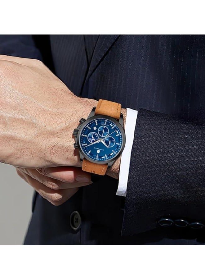 Sapphero Mens Watches Multifunction Chronograph Date Quartz Watch for Men Brown Leather Band Analog Wrist Watch Gift for Men Casual Business - Image 2