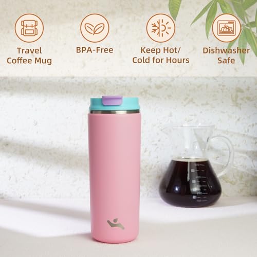 Konokyo Tumbler with Lid, 16 oz Travel Coffee Mug Double Wall Vacuum Stainless Steel Thermal Metal Cup Insulated Water Bottle,Pink - Image 2