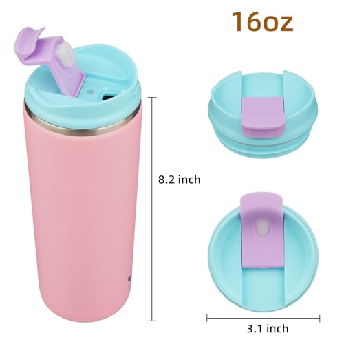 Konokyo Tumbler with Lid, 16 oz Travel Coffee Mug Double Wall Vacuum Stainless Steel Thermal Metal Cup Insulated Water Bottle,Pink - Image 4