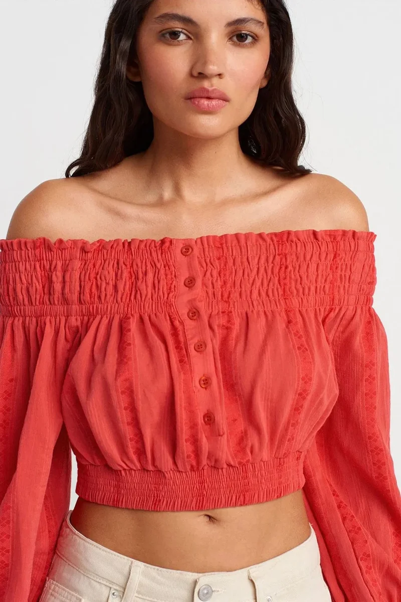 Dilvin Brick Red DILVIN Off-shoulder Crop Blouse for Women | Best Price UAE