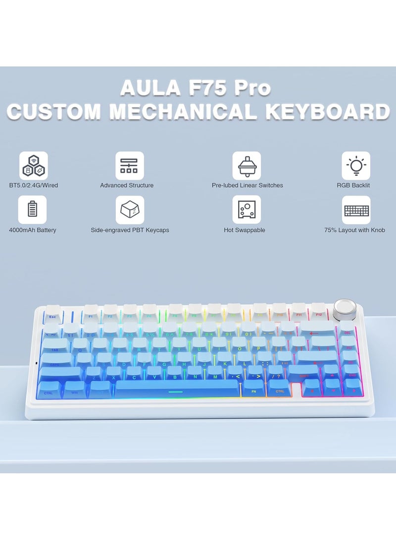 AULA AULA F75 Wireless Mechanical Gaming Keyboard – 75% Compact Gasket Mount – Tri-Mode Bluetooth 5.0/2.4G/USB-C – Hot-Swappable LEOBOG Reaper Switches – RGB Backlit – Long Battery Life – Ultra-Fast Response for PC/Mac – (Cloud Blue)  - Image 2