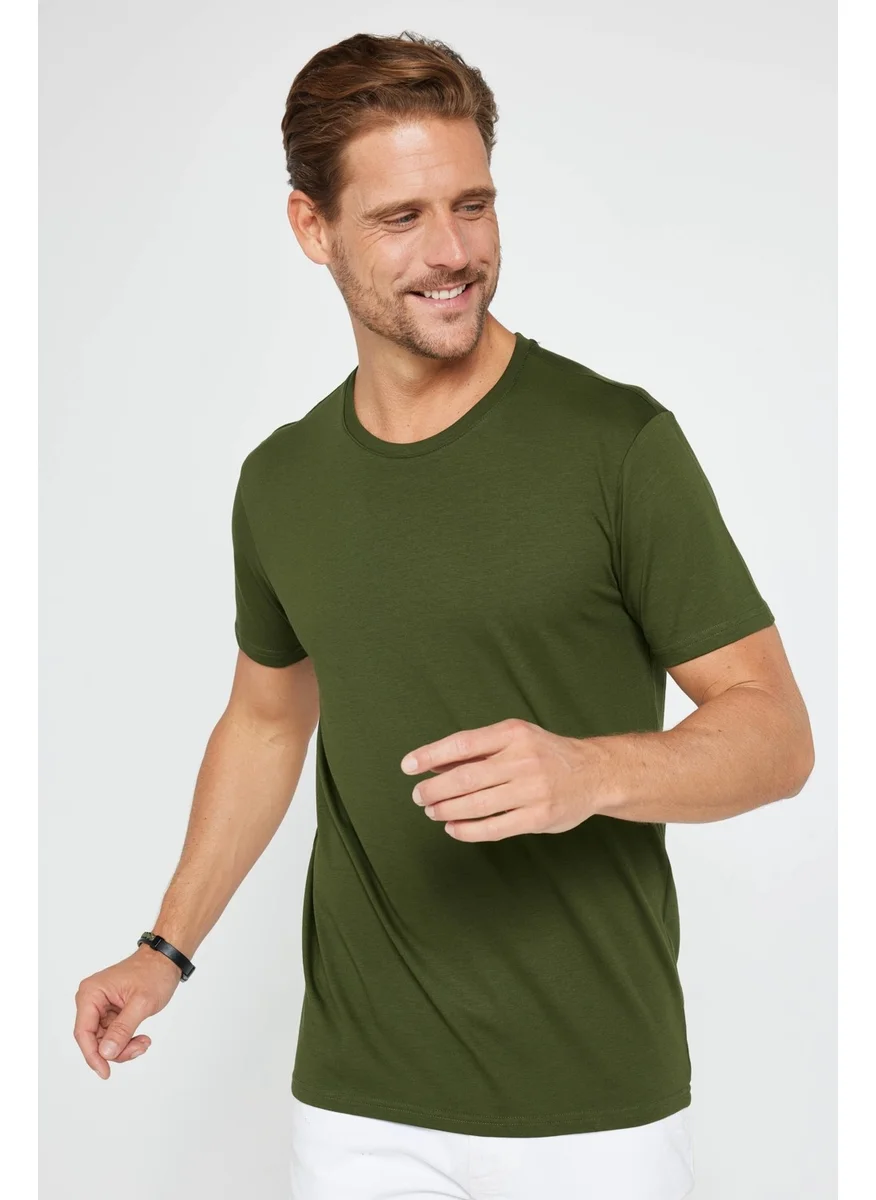 Tudors Men's Slim Fit Narrow Cut Crew Neck Organic Cotton Soft Textured Short Sleeve Khaki T-Shirt