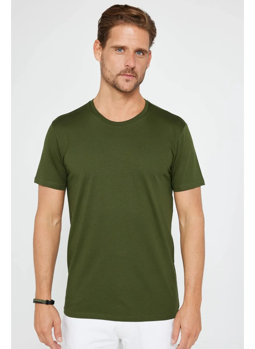 Tudors Men's Slim Fit Narrow Cut Crew Neck Organic Cotton Soft Textured Short Sleeve Khaki T-Shirt