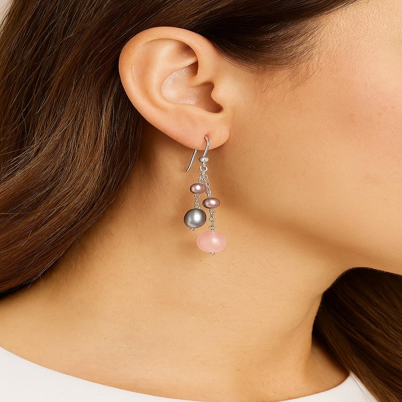 Belacqua Natural Cultured Freshwater Pearl and Rose Quartz Dangle Drop Tassel Earrings in Sterling Silver, Real Pearl Jewelry for Women, Gift Box Included - Image 2