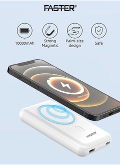 Faster 10000 mAh MagSafe Wireless Power Bank - PD Fast Charging Portable Charger - iPhone Charger Portable with 1 USB A Port & 1 USB C Port - Magnetic Battery Pack For iPhone and Android Mobile Phone - Compact White Powerbank  - Image 2