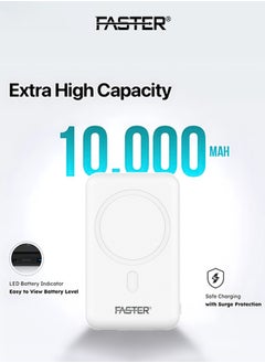 Faster 10000 mAh MagSafe Wireless Power Bank - PD Fast Charging Portable Charger - iPhone Charger Portable with 1 USB A Port & 1 USB C Port - Magnetic Battery Pack For iPhone and Android Mobile Phone - Compact White Powerbank  - Image 3