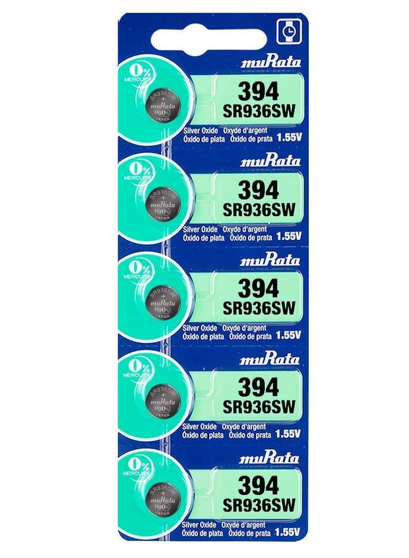 Murata 394 Battery SR936SW 1.55V Silver Oxide Watch Button Cell (5 Batteries)