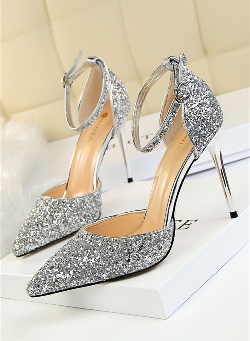 BIGTREE 9.5cm European Style Thin Heels High Heels Shallow Mouth Pointed Hollow Sequin One-Line Sandals For Women Silver - Image 1