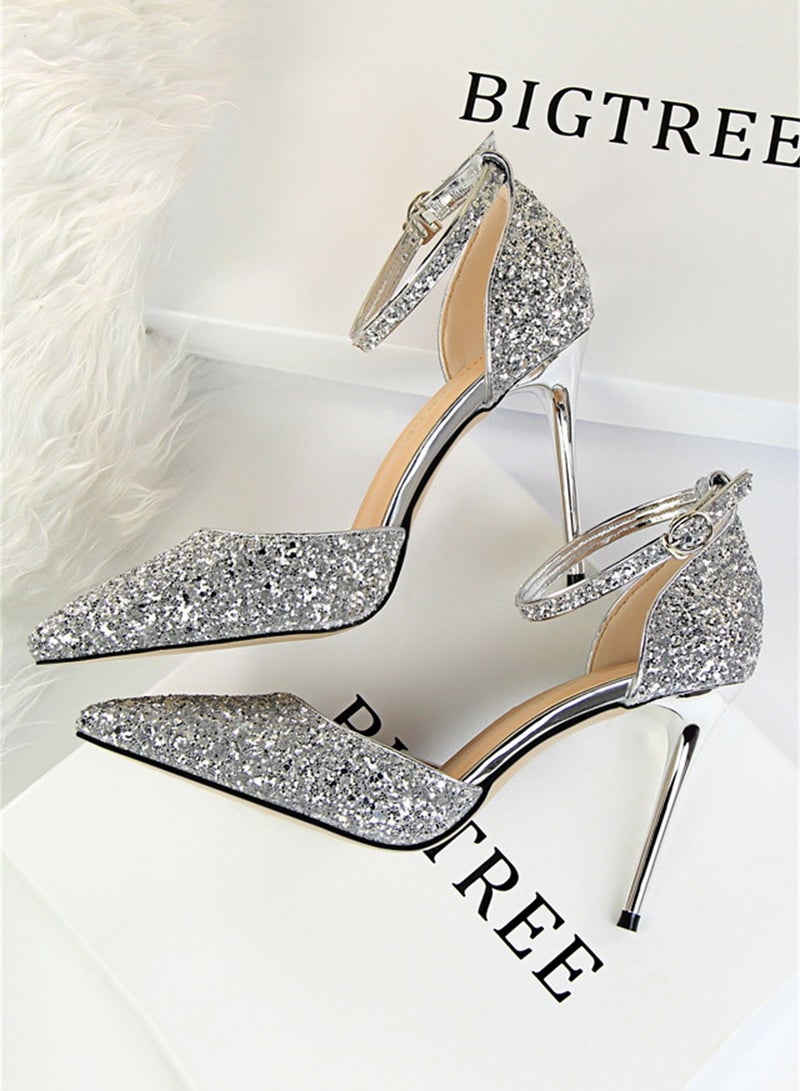 BIGTREE 9.5cm European Style Thin Heels High Heels Shallow Mouth Pointed Hollow Sequin One-Line Sandals For Women Silver - Image 2