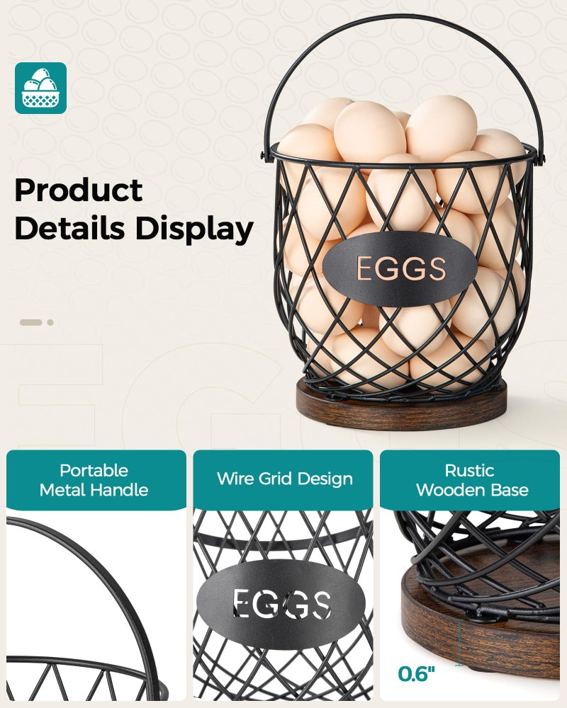 Banawey Chicken Egg Basket for Gathering Fresh Eggs with Metal Handle, Wire Egg Collecting Basket with Wooden Base, Round Egg Holder Countertop, Vintage Rustic Farmhouse Kitchen Decor Fruit Storage - Image 4