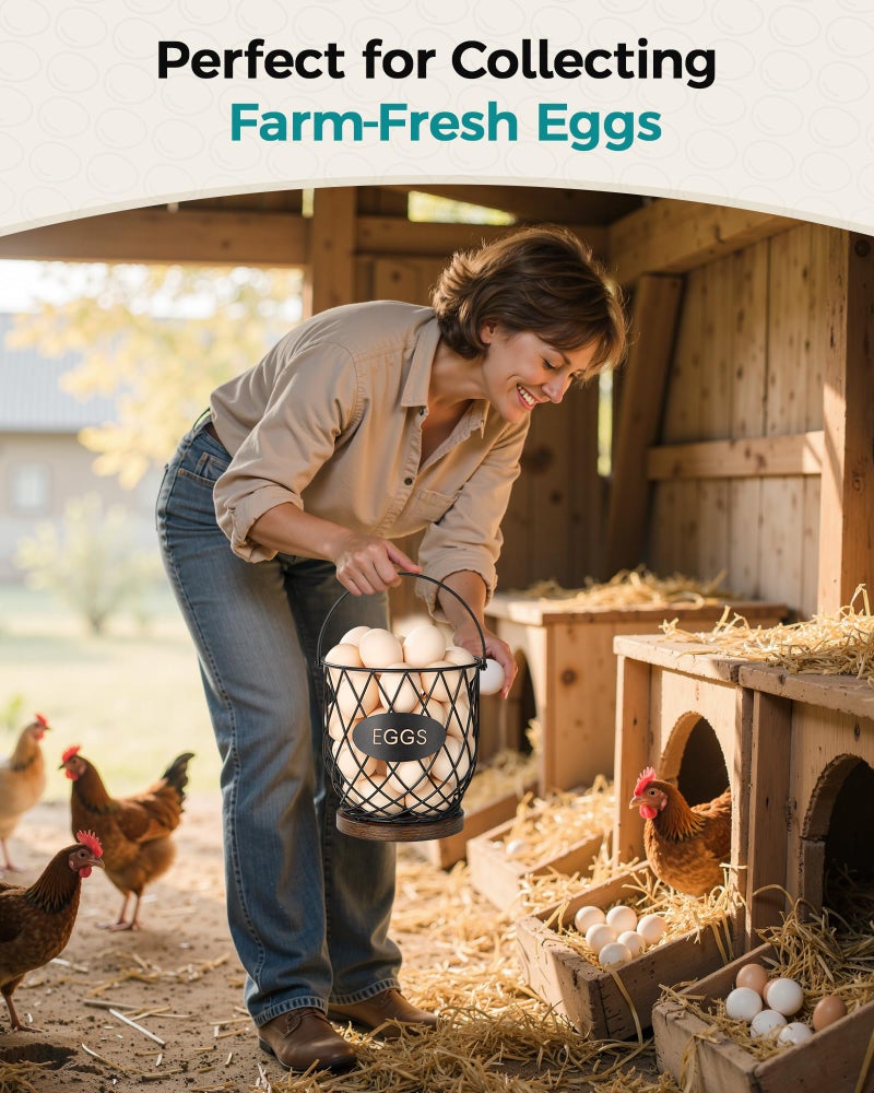 Banawey Chicken Egg Basket for Gathering Fresh Eggs with Metal Handle, Wire Egg Collecting Basket with Wooden Base, Round Egg Holder Countertop, Vintage Rustic Farmhouse Kitchen Decor Fruit Storage - Image 5