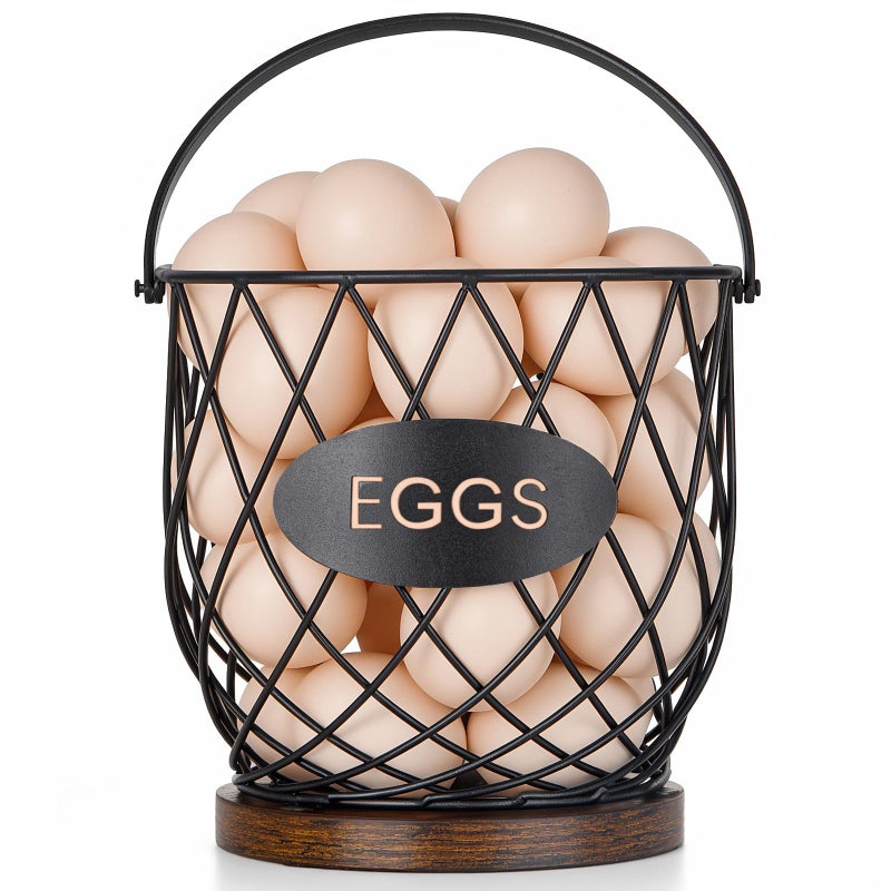 Banawey Chicken Egg Basket for Gathering Fresh Eggs with Metal Handle, Wire Egg Collecting Basket with Wooden Base, Round Egg Holder Countertop, Vintage Rustic Farmhouse Kitchen Decor Fruit Storage - Image 1