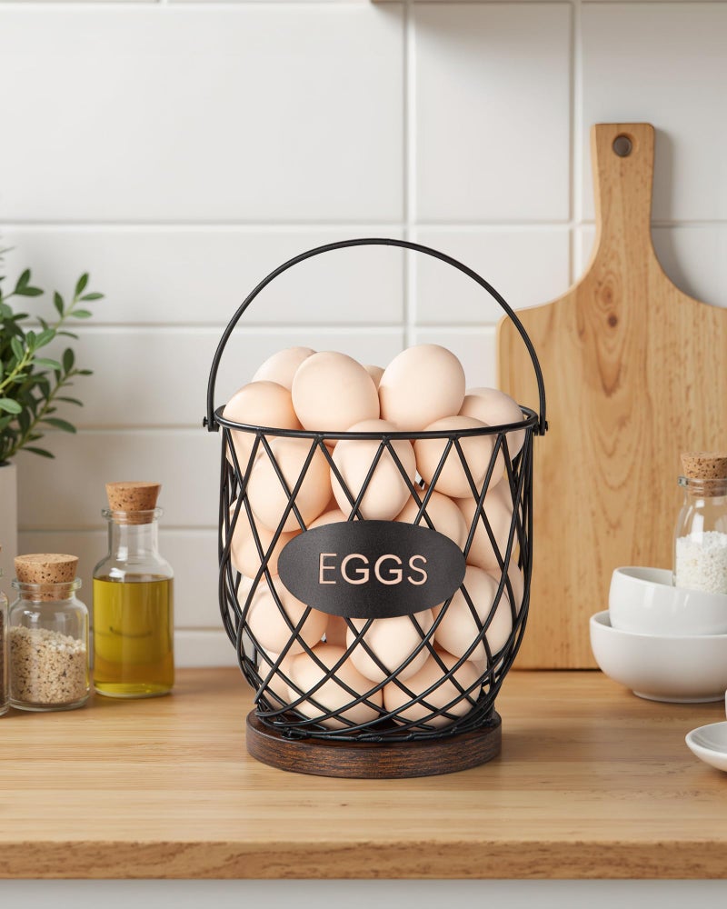 Banawey Chicken Egg Basket for Gathering Fresh Eggs with Metal Handle, Wire Egg Collecting Basket with Wooden Base, Round Egg Holder Countertop, Vintage Rustic Farmhouse Kitchen Decor Fruit Storage - Image 2