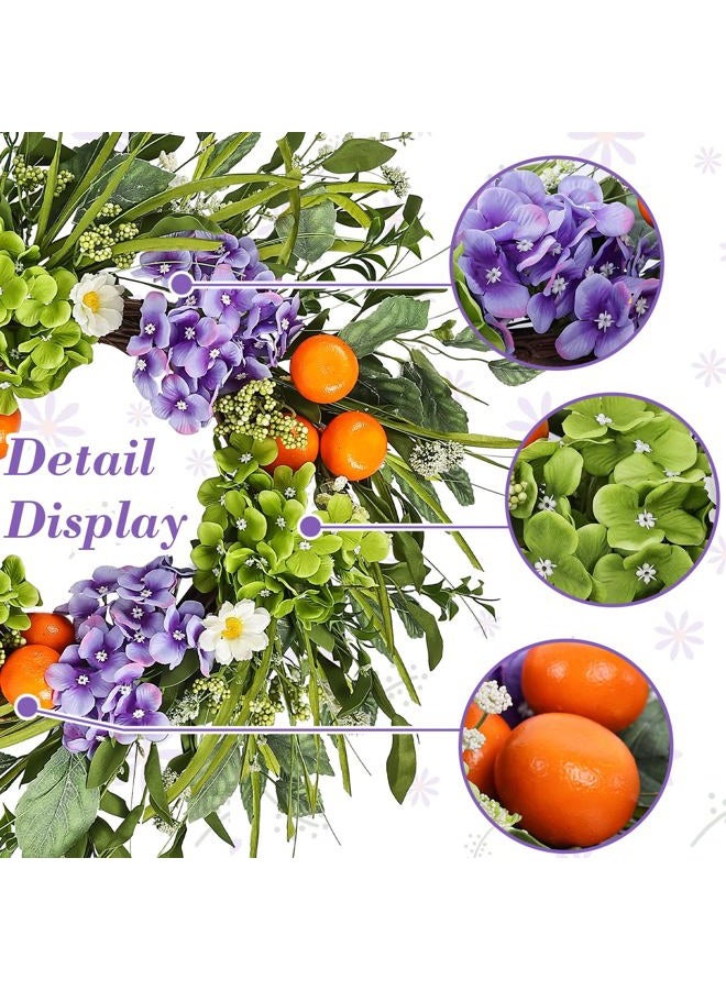 Montekin 24" Hydrangea Spring Summer Wreath with Realistic Fruit and Green Leaves, Floral Artificial Wreath for Front Door Home Wall Wedding Farmhouse Holiday Outdoor Indoor Décor (Purple) - Image 2