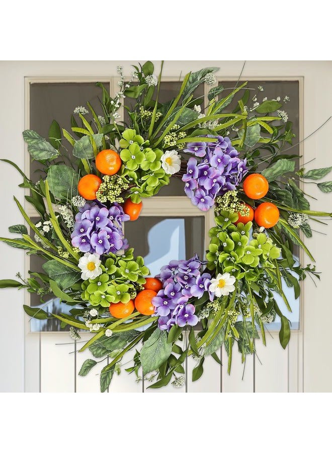 Montekin 24" Hydrangea Spring Summer Wreath with Realistic Fruit and Green Leaves, Floral Artificial Wreath for Front Door Home Wall Wedding Farmhouse Holiday Outdoor Indoor Décor (Purple) - Image 1