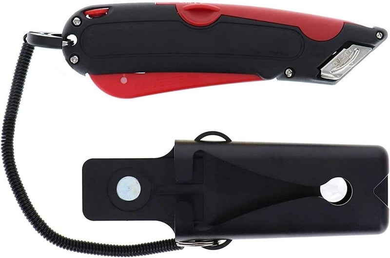 Veltec EZ-1000 Safety Box Cutter Utility Knife, 3 Blade Depth Setting, Squeeze Trigger and Dual Side Edge Guide, 2 Blades, Holster and Lanyard (Red) - Image 1