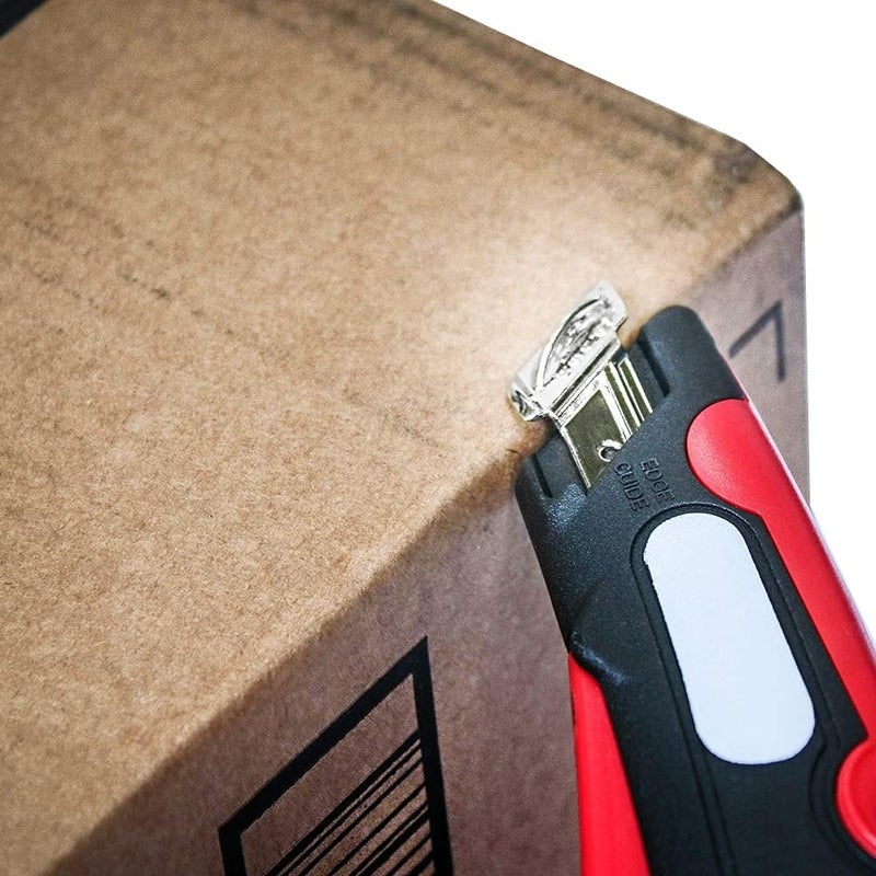 Veltec EZ-1000 Safety Box Cutter Utility Knife, 3 Blade Depth Setting, Squeeze Trigger and Dual Side Edge Guide, 2 Blades, Holster and Lanyard (Red) - Image 2