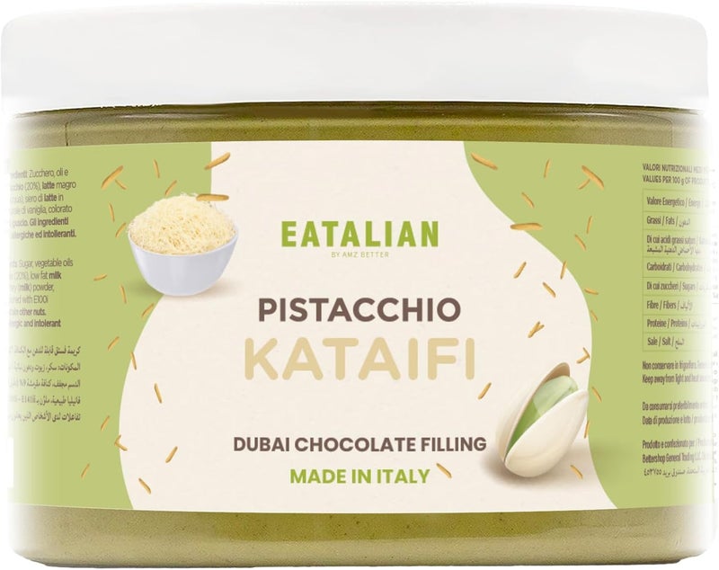 AMZ BETTER EATALIAN by AMZ BETTER Pistachio Cream with Kataifi 17.63 oz/500 gr, Delicious Spreadable with a Unique Taste, Ideal on Bread, Perfect with Ice Cream, Chocolate and Dubai Chocolate, Made in Italy - Image 1