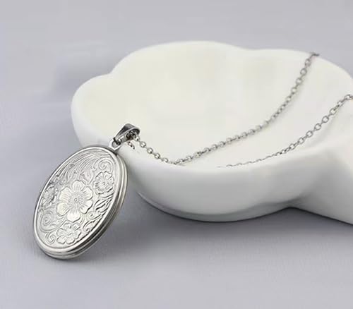 YOUFENG Oval Round Flower Locket Necklace that Holds Pictures Photo Locket Pendant Oval Silver-plated - Image 4