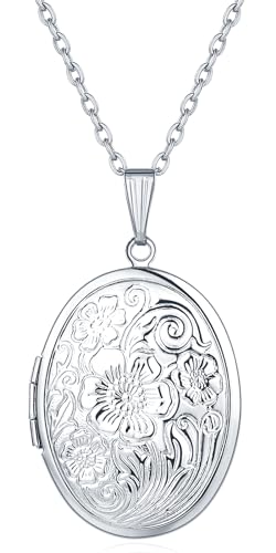 YOUFENG Oval Round Flower Locket Necklace that Holds Pictures Photo Locket Pendant Oval Silver-plated - Image 1