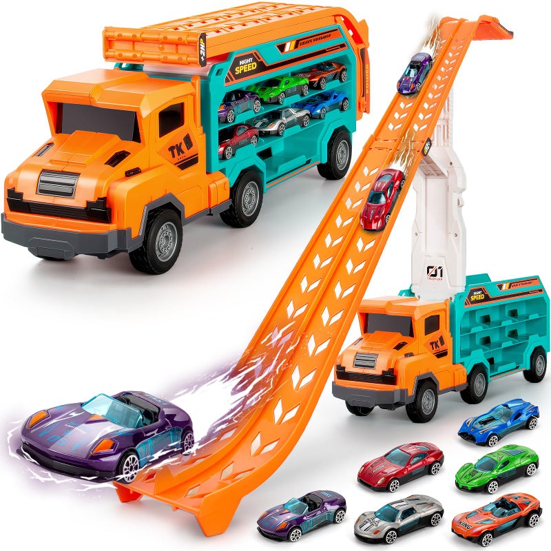 BainGesk Carrier Truck Toys for 3 4 5 6 Years Old Boys 28 Ft Race Track Transport Cars with 6 DieCast Metal Toy Cars Birthday Gifts Kids Age 35 Racing Toys Gifts for Toddlers - Image 3