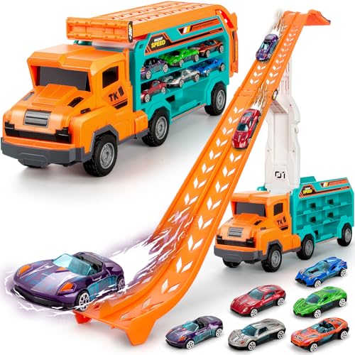 BainGesk Carrier Truck Toys for 3 4 5 6 Years Old Boys 28 Ft Race Track Transport Cars with 6 DieCast Metal Toy Cars Birthday Gifts Kids Age 35 Racing Toys Gifts for Toddlers - Image 1