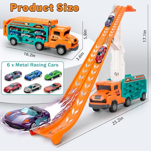 BainGesk Carrier Truck Toys for 3 4 5 6 Years Old Boys 28 Ft Race Track Transport Cars with 6 DieCast Metal Toy Cars Birthday Gifts Kids Age 35 Racing Toys Gifts for Toddlers - Image 5
