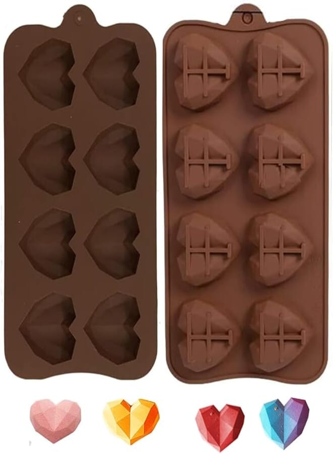BAMUTU Heart Silicone Chocolate Mould 3D Diamond Love Shaped Chocolate Mold 2PCS 8-Cavity Valentine's Candy Mousse CakeJelly Soap Baking Tool (Small)