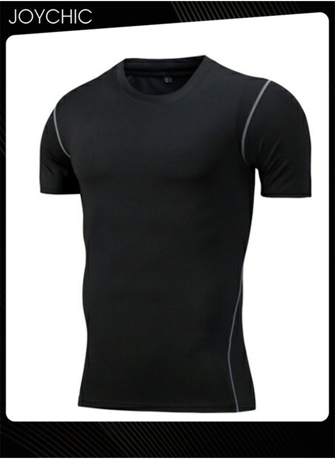 Joychic Sports Men's Quick-drying High-elastic Tights Fitness Short-sleeved Basketball Running Training T-shirt for All Seasons Black  - Image 3