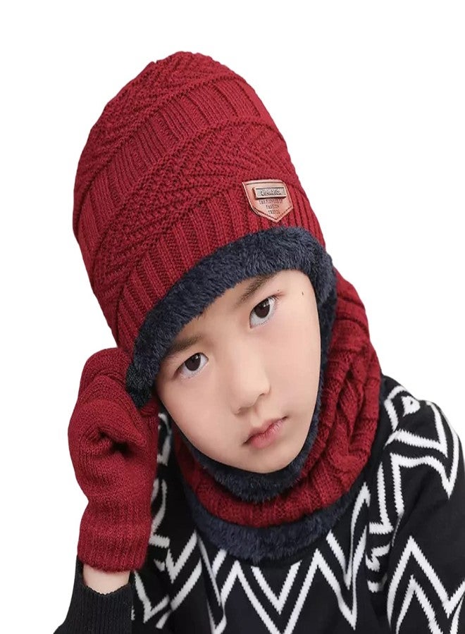 EMPOISON Kids Warm Winter Beanie Hat & Scarf Set for Boys Girls. Stylish Knit Skull Cap with Fleece Lining, Cold Snow Knit Cap, Air Proof Cap, Ear Warmer cap, for for 8 Years and Up (Maroon) - Image 1