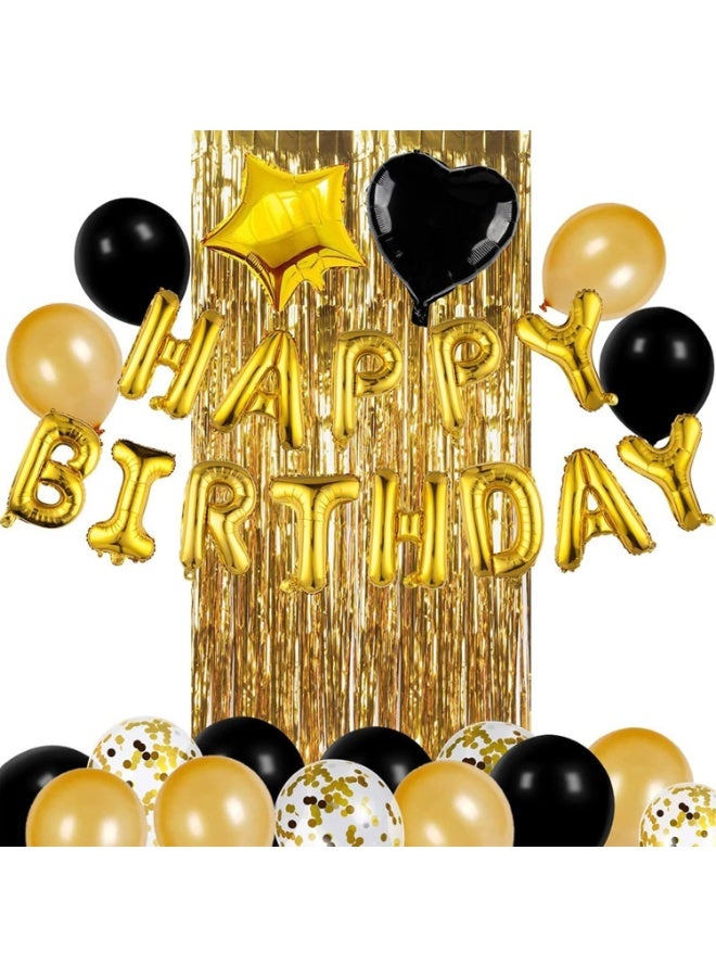 Happy Birthday Banner with Heart & Star Foil Balloons, Latex Balloons, and Foil Fringe Curtain – Gold & Black Birthday Party Decoration Set - Image 1