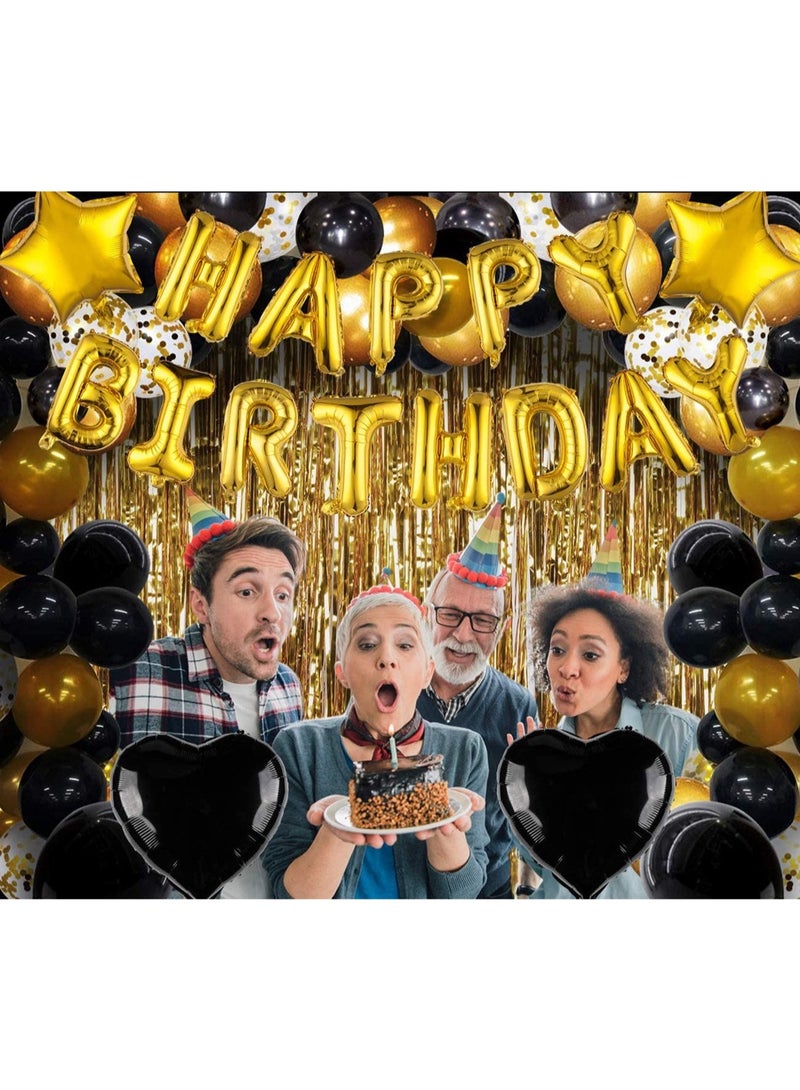 Happy Birthday Banner with Heart & Star Foil Balloons, Latex Balloons, and Foil Fringe Curtain – Gold & Black Birthday Party Decoration Set - Image 2